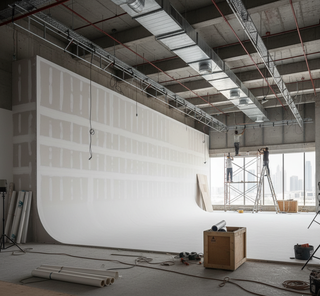 A behind-the-scenes photo of the empty studio space during construction, showing the bare cyc wall and high ceilings, with light rails being installed.
