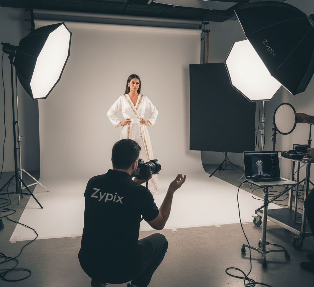 Behind the scenes of a professional studio photoshoot in Dubai with Zypix Photography.