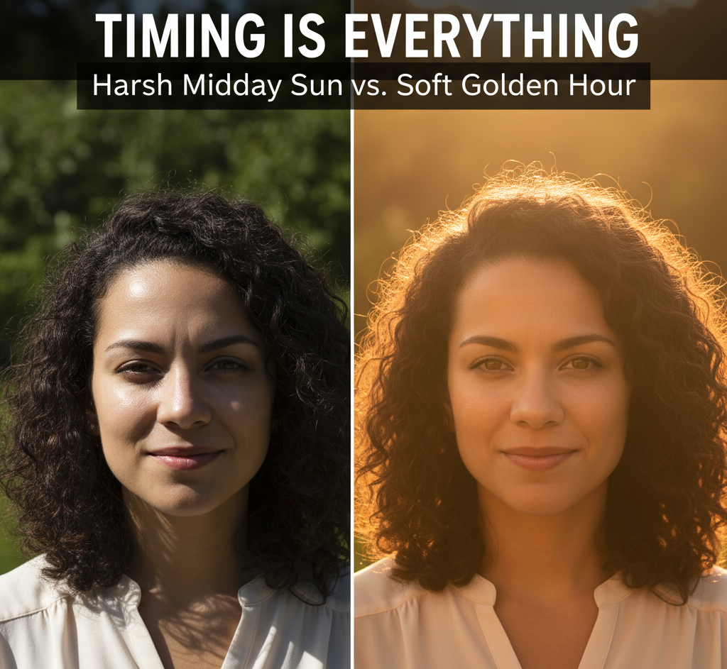 The dramatic difference in photo quality based on timing, a core reason for punctuality in photography etiquette.