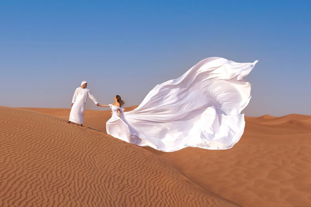 Creative photoshoot themes in Dubai contrasting desert, heritage, luxury, and urban scenes.