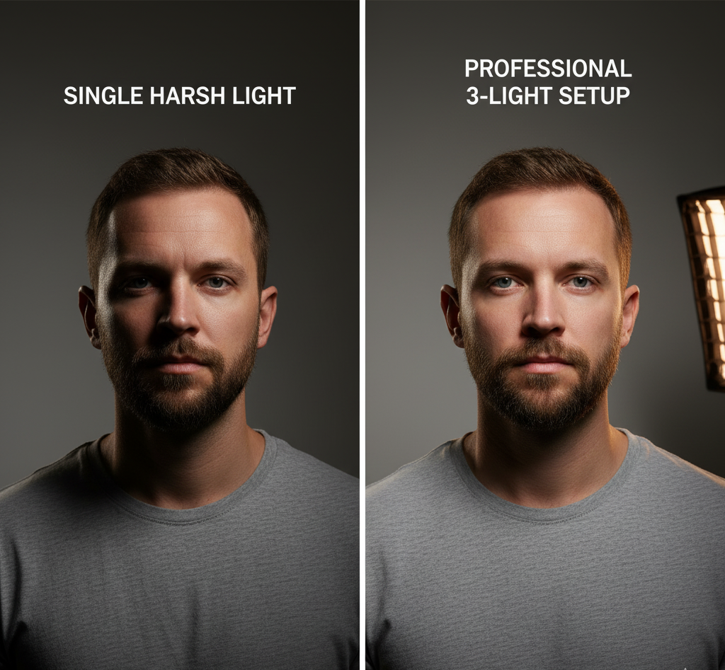 Professional studio lighting setup vs. basic lighting comparison in Dubai.