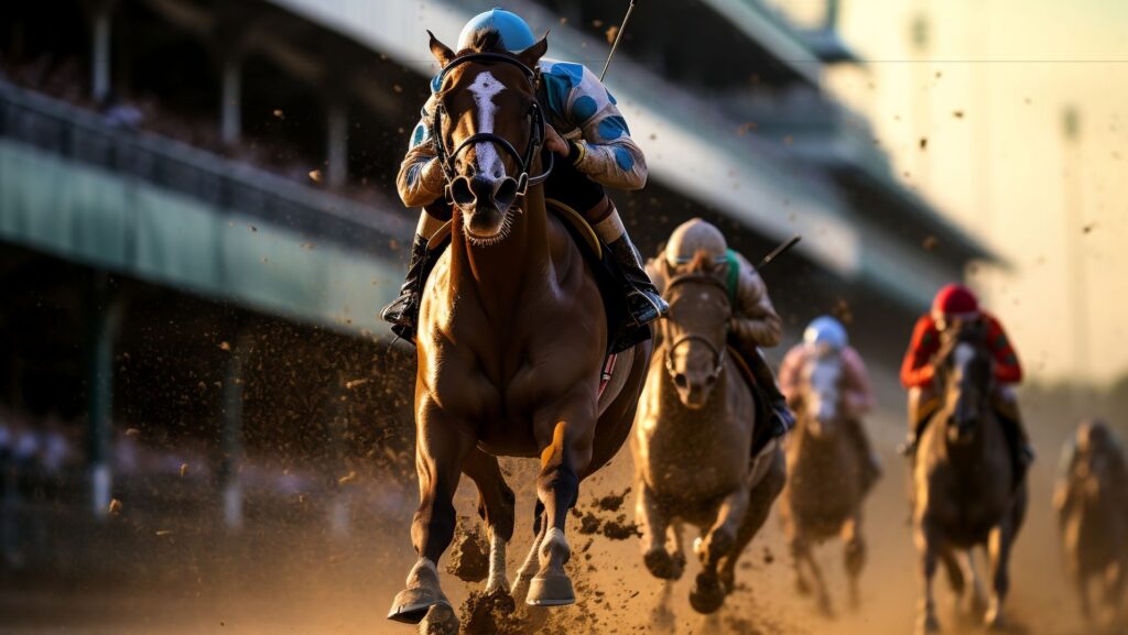 Horse racing photography by Zypix capturing thoroughbreds and jockeys mid-race, with motion blur in the background and sharp focus on the lead horse.