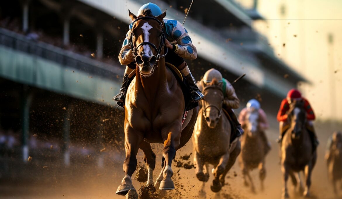 Horse racing photography by Zypix capturing thoroughbreds and jockeys mid-race, with motion blur in the background and sharp focus on the lead horse.